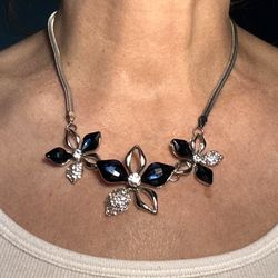 Elegant Blue Necklace of 3 Flowers Made of Midnight Blue + Clear Pave Stones