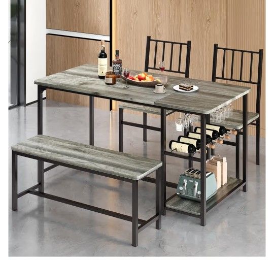 Dining Room Table Set for 4, 55" Kitchen Table Set with Storage Shelf, Wine Rack & Wine Glasses Holder, Dining Table Set with 2 Chairs and Bench for D