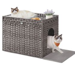 Feandrea Cat Litter Box Enclosure, Handwoven Rattan Hidden Litter Box Furniture with Extra Litter Mat, Removable Washable Tray, Boho Cat H