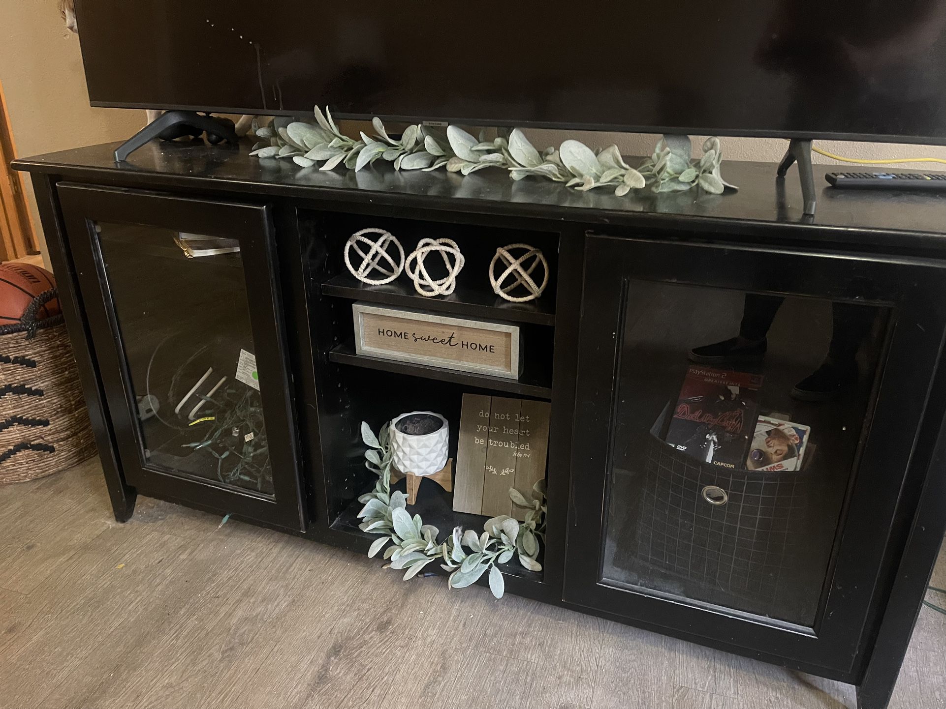 Black Wood TV Stand With Glass Doors/Shelves