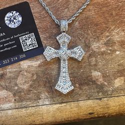 Full Moissanite Cross Pendant Necklace For Women Men, D color VVs1 Round cut, S925 Sterling Silver Pendant Necklace With Rope Chain