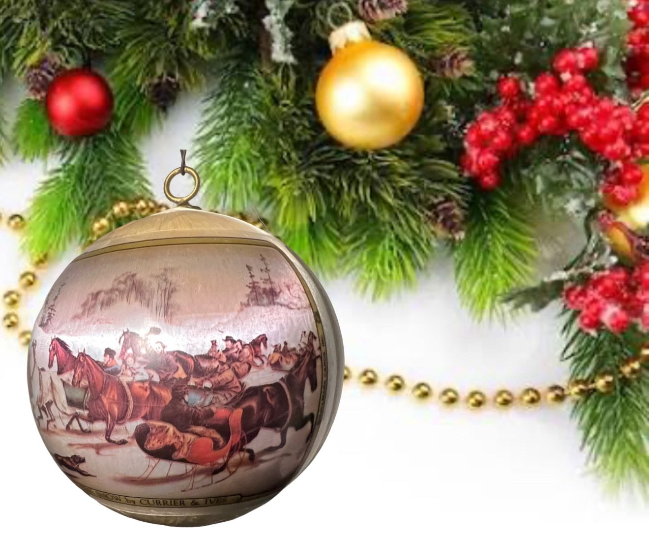 Currier & Ives 1977 Decorative Christmas Ornament “The Old Grist Mill,” 3”  SHIPPING IS INCLUDED   PLEASE NOTE: The first image is an artistic represe