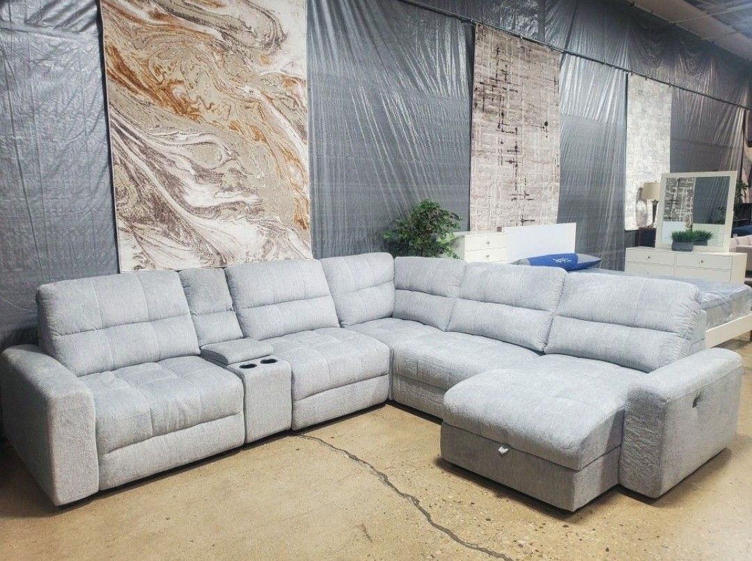 Beautiful Comfortable Gray Sectional With 2 Power Sliding Chaise (New)