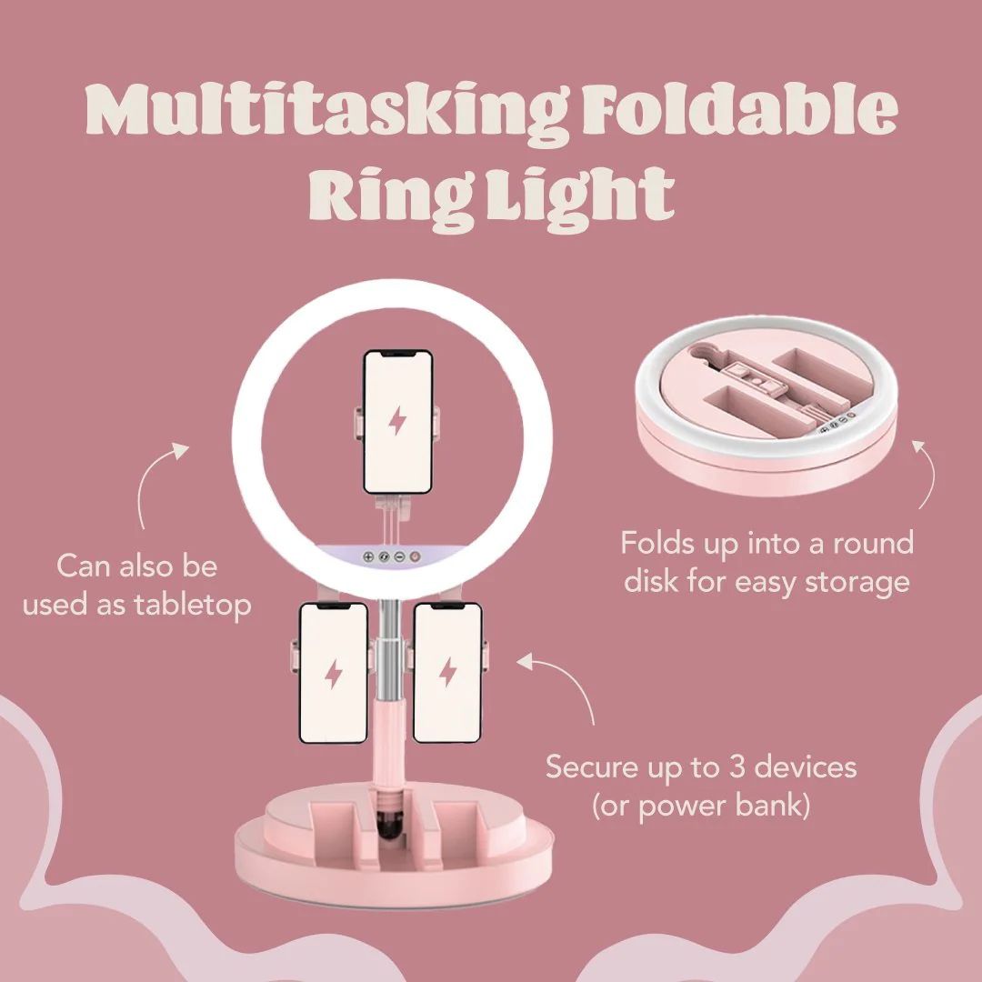 Brand New Multitasky Foldable Ring Light (3 Phone Holders), Pink