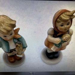 Hummel Goebel Little Girl Holding Baby Doll And Boy Holding Horse Toy