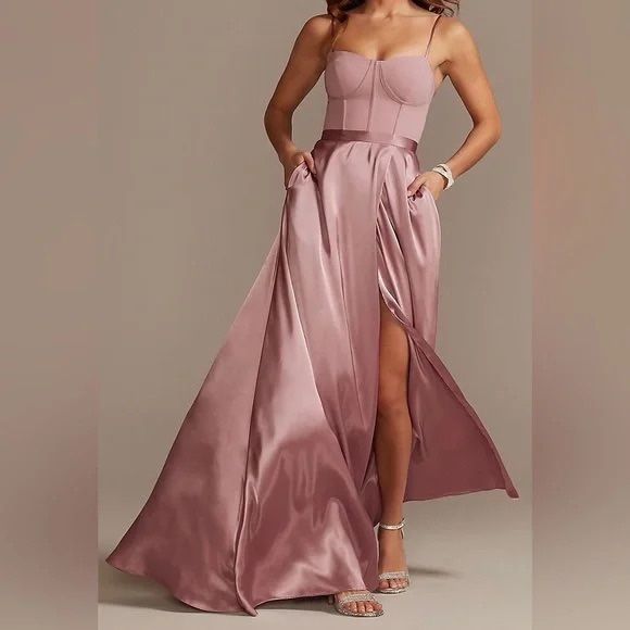 Galina Signature | David’s Bridal | Quartz Mauve Crêpe Corset Bridesmaids Dress w/Pockets!