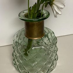 Vintage Green glass vase with copper ring accent