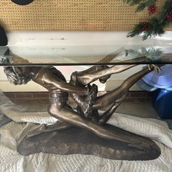 Antique Solid Bronze Figural Dancers Base Glass Top Table , Rare! 