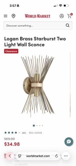 Pair of World Market Logan Brass Starburst Two Light Wall Sconce