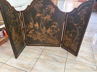 Antique Vintage Chinoiserie 3-Panel Folding Table Screen / Fire Screen