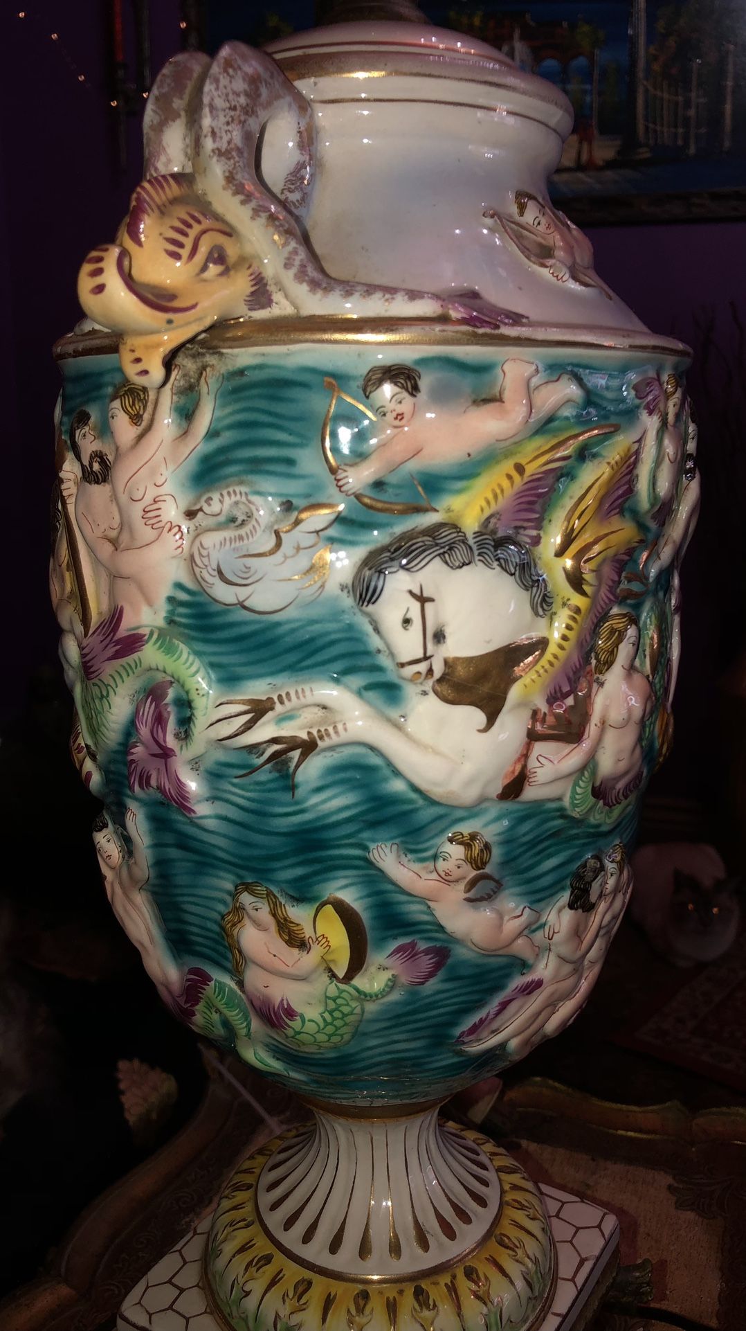 Vintage Antique Italian Capodimonte Maximalist Mermaid Table Lamp