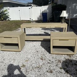 RH GRAYDON SHAGREEN 3- DRAWER CONSOLE TABLE & 2 NIGHTSTANDS - Bone & Burnished Brass