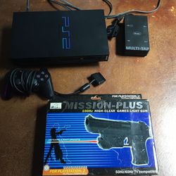 Modded ps2 PlayStation w/ 2 controllers mission plus gun and multi tap