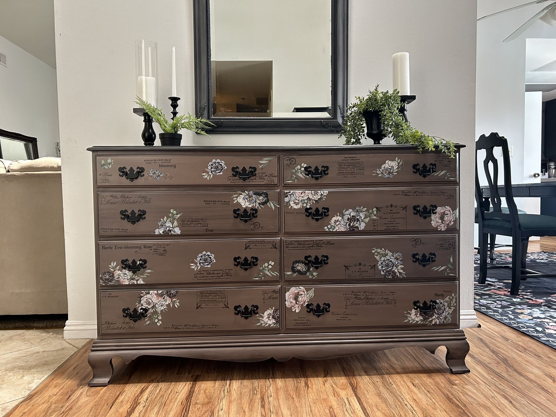 Painted Colonial Craft Cabinet, Floral 8 Drawer Dresser
