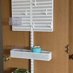 Container store Elfa Utility Over The Door Rack With Pegboard + Mesh Baskets