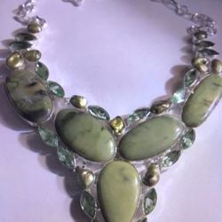 Free Shipping.  Larsonite Citrine Biwa Pearl 925 Sterling Silver Necklace