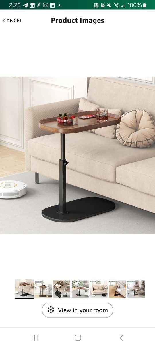 New C Shaped Side Table Adjustable Height, 360°Swivel, Slide under the Couch Rotating Tabletop.