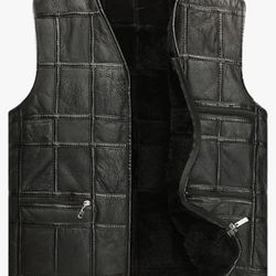Sheepskin Leather shearling Motorcycle Vest For Men, Black  Leather with  Pockets. Size L  