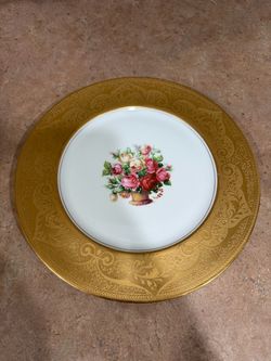 Gold Encrusted Porcelain Plate with Floral Center