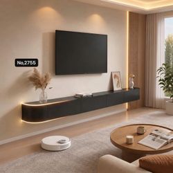 63" Floating TV Stand, Wall Mount Media Console with Drawers 2 Flip-Down Doors, Round Corner, Modern Wood, Cable Management, for Living Room Bedroom, 
