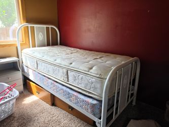 Twin bed set – includes metal frame, mattress, and foundation