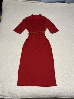 Zara Women Red Belted Pencil Midi Dress