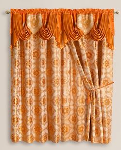 Orange Floral Jacquard Curtain Set with Valance