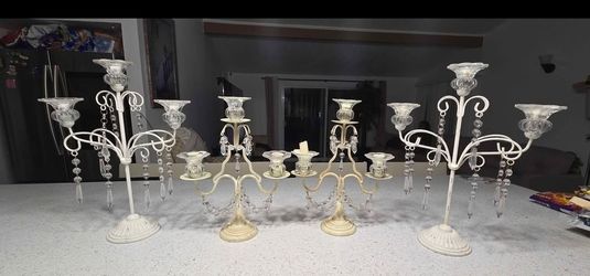 White Metal Candelabra Set with Crystal Drops