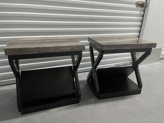 Set of 2 Marble-Look End Tables with Black Bases