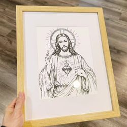 Christian Home Decor Original Hand Drawn "Sacred Heart of Jesus" Jesus Art (Framed)