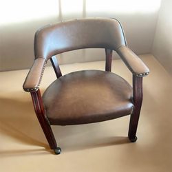 2 Brown Leather Look Barrel Chair w Casters