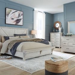 White 7Pc.Dresser-Mirror-Queen Panel Bed With Bench Footboard-2 Nightstands