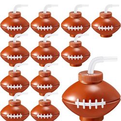 12 Pcs Football Ball Cups with Straws and Lids 12 oz Plastic Reusable Soft Football Party Cups Bulk Drinking Football Birthday Party Supplies Tea Bott