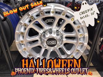 🎃 HALLOWEEN BLOWOUT SALE! 👻 Give your truck a high-end look with these AXO Off-Road brushed silver wheels with gold accent bolts! Size: 20" B