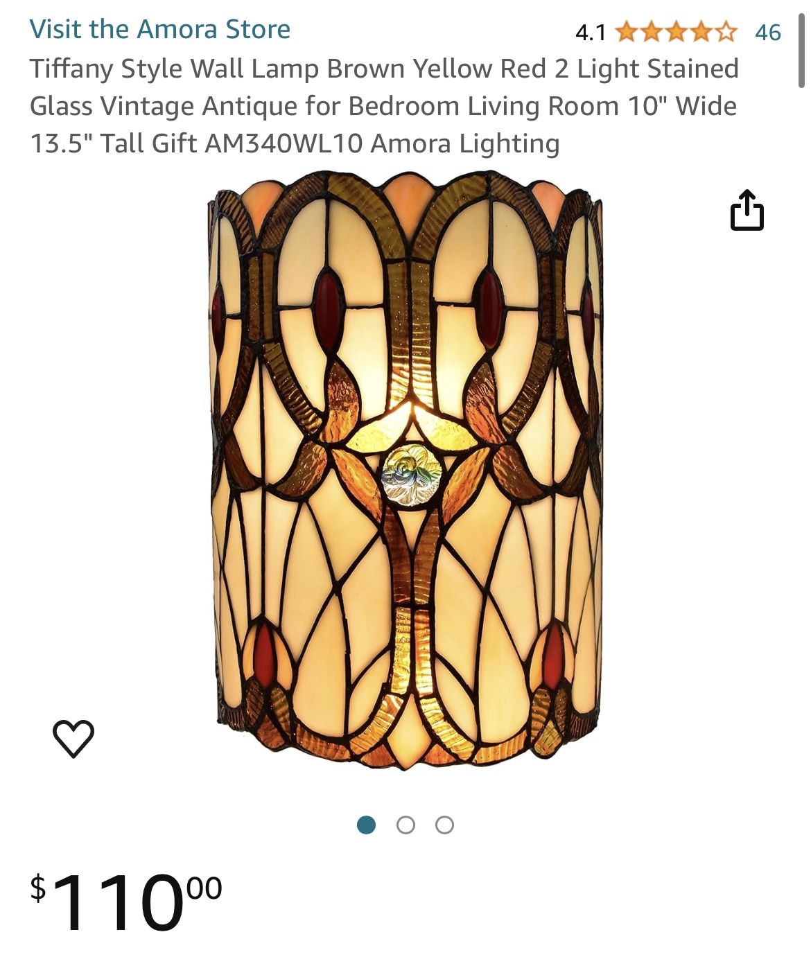 Tiffany Style Wall Lamp Brown Yellow Red 2 Light Stained Glass Vintage Antique for Bedroom Living Room 10" Wide 13.5" Tall Gift AM340WL10 Amora Lighti