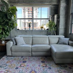 3-pc Leather Sectional Sofa with Chaise, 1 Power Recliner and Articulating Headrests