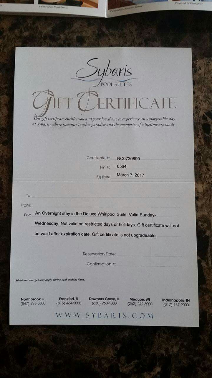 Sybaris gift certificate for deluxe whirlpool suite