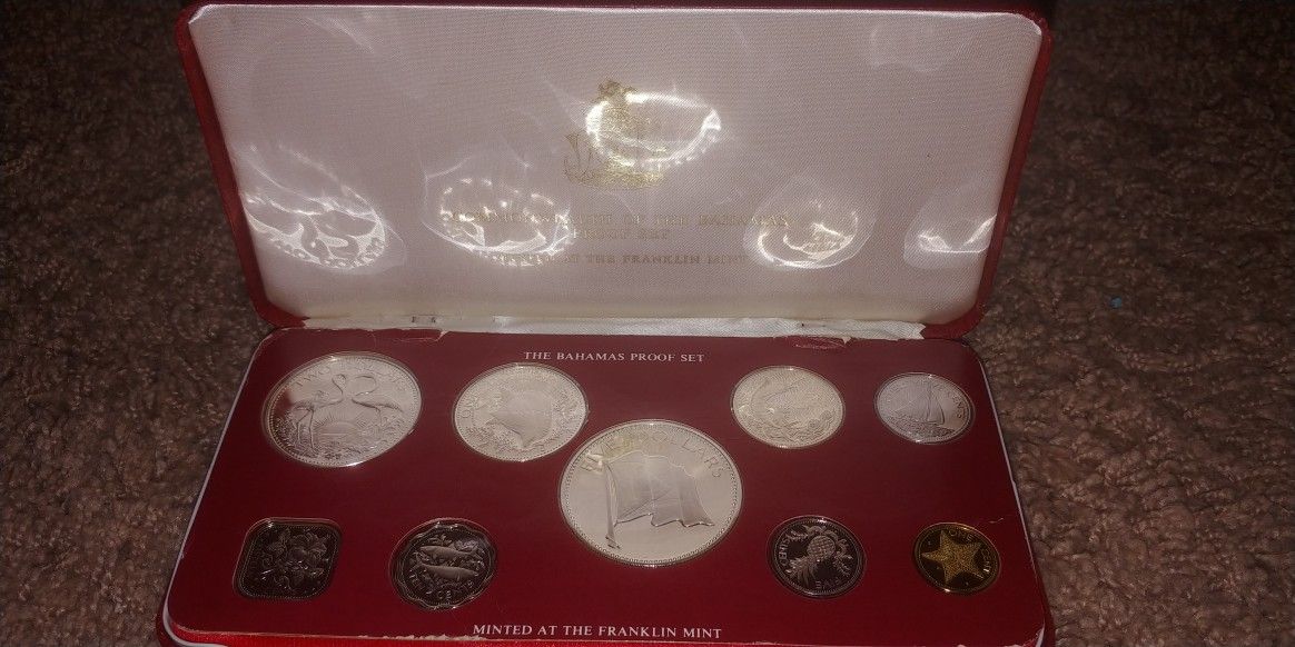 1974 Bahamas Silver Proof Set 9 Coin Set UNC Franklin Mint COA