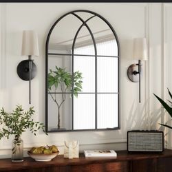 BEAUTYPEAK 40"x 30" Arched Windowpane Mirror Decorative Wall Mirror, Black
