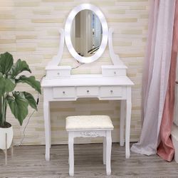 Garvee Girls Makeup Vanity, Modern Vanity Set with Lighted Mirror and Cushioned Stool, Make Up Table with 5 Drawers for Bedroom BRAND NEW