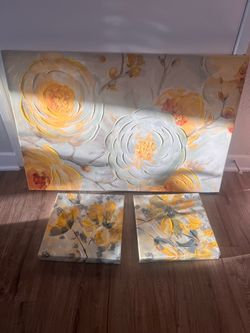 Textured Yellow & Gray Floral Canvas Wall Art – 3-Piece Set