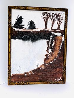 intage Signed Winter Landscape Painting in Ornate Carved Wood Frame (9"x12")
