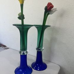 Blown glass vases, with individual rose and lily glass stems. Set of 2 $50