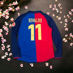 Barcelona Rivaldo 1999 Soccer Jersey Retro Long Sleeves Home #11 Shirt Men Size