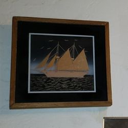 VINTAGE 3D MINI WOODEN FRAME NAUTICAL SHIP SAILBOAT OCEAN SEA 3D HANDMADE CARVED CORK PICTURE ART PLAQUE DECOR