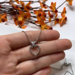  NO FADE Real Gold Plated  Rhinestone Heart Pendant Necklace, Silver Color