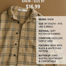 Beige Plaid Flannel Shirt – SHEIN | Size 9Y | Soft & Stylish Button-Up