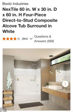 NexTile 60 in. W x 30 in. D x 60 in. H Four-Piece Direct-to-Stud Composite Alcove Tub Surround in White