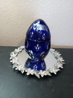 EXQUISITE Godinger Cobalt Blue Crystal 6" Egg Trinket Holder From Hungary


