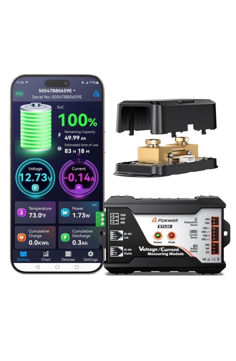 FOXWELL BT630 600A Battery Monitor with Shunt, 10–120V Bluetooth Real-Time Volts, Amps, Watts, Capacity & Runtime Tracking, High and Low Voltage Alarm